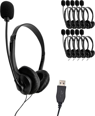 Soundnetic Bulk USB Headsets with Mic 10 Pack Budget Stereo Headphones with Boom Microphone – Ideal for Classrooms, Offices, Remote Work in Kuwait