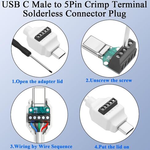 2Pack PD60W USB C 5Pin Crimp Solderless Adapter, USB Type-C Male to 5Pin Terminal, 20V 3A Fast Charging Data Connector (480Mbps), No Solder Plug for DIY Type-C to Type-C Cable Repair in Kuwait