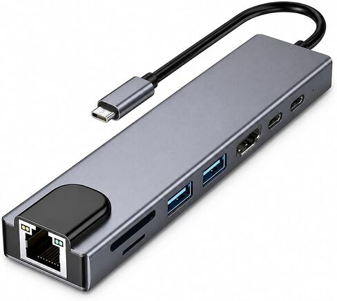 USB-C Hub, 8-in-1 Multiport Adapter, Featuring 4K HDMI, Fast Ethernet, 100W PD Fast Charging, USB Port, SD/TF Card Slots, Compatible with MacBook Pro/Air and Other Type-C Devices. (13.5cm) in Kuwait