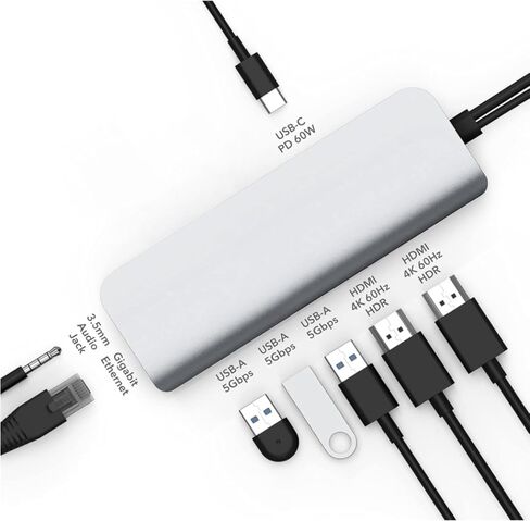 HyperDrive 10-in-2 USB C Dock, Dual Monitor HDMI 4K@60Hz, 60W USBC Power Delivery, Gigabit Ethernet, USB-C Hub Adapter for MacBook Pro with M1 Pro/Max 2021, MacBook Pro 2016-2019, MacBook Air (Gray) in Kuwait