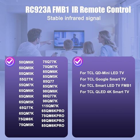 (Pack of 1) RC923A FMB1 Remote Control Replacement Compatible for TCL Smart TV QLED QLED Mini Google TV's, Series Q77K ，QM6K，QM5K（No Voice） in Saudi Arabia
