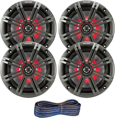 2 Pair (QTY 4) of Kicker 6.5" 2-Way 195 Watts Max Power Coaxial Marine Audio MultiColor LED Speakers with Charcoal Grilles, 20-Feet 16-Gauge Speaker Wire in Kuwait