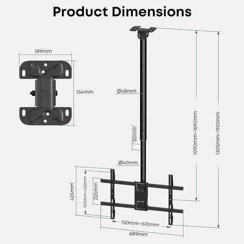 Extra Long Ceiling TV Mount with 16.3" Extension Pole Kit for 43-86 Inch TVs, Heavy Duty Hanging TV Bracket Height Adjustable Up to 6.9ft, Supports 132 lbs, Max VESA 600x400mm, Black in Kuwait