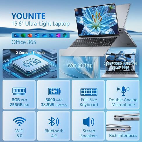 Laptop, 2026 New Laptop Computer, Lap Top PC Core M3-6Y30(Beat N4000), 8GB RAM 256GB SSD, 180°Open, UHD Graphics, 15.6" IPS 1080P, WiFi 5, BT4.2, Win 11/Office Laptops for Study Work, 2-Year Warranty in Kuwait