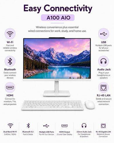 Customized All in One Desktop, Intel Ultra-Fast Quad-Core CPU| 24'' Full HD Display| 16GB RAM, 1TB SSD| Wi-Fi 6| Bluetooth| USB, Ethernet Port| Windows 11 | HDMI Out| Wireless Keyboard & Mouse in Kuwait