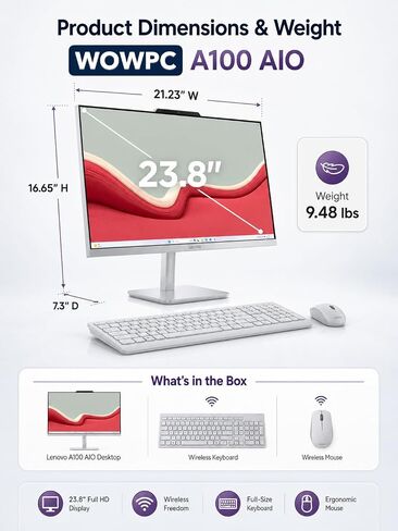 Customized All in One Desktop, Intel Ultra-Fast Quad-Core CPU| 24'' Full HD Display| 16GB RAM, 1TB SSD| Wi-Fi 6| Bluetooth| USB, Ethernet Port| Windows 11 | HDMI Out| Wireless Keyboard & Mouse in Kuwait