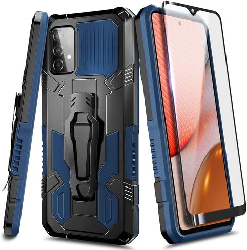 NZND for Samsung Galaxy A52-5G Phone Case | with Tempered Glass Screen Protector | Belt Clip & Built-in Kickstand, Dual Layer Full Body Shockproof Protective Rugged Defender Cover (Blue) in Kuwait