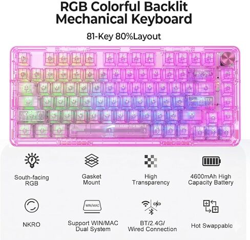 RisoPhy Wireless Mechanical Gaming Keyboard, Tri-Mode, RGB Backlit, Pink in Kuwait