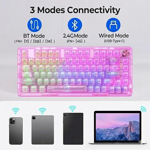RisoPhy Wireless Mechanical Gaming Keyboard, Tri-Mode, RGB Backlit, Pink in Kuwait
