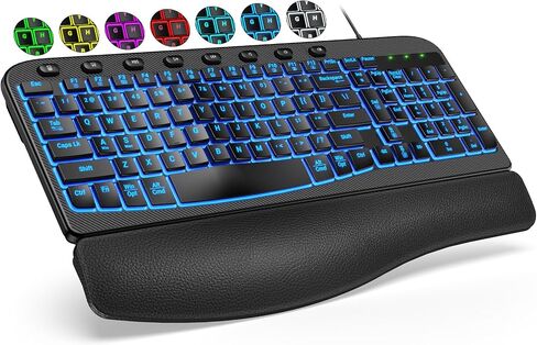 SABLUTE Ergonomic Keyboard, USB Wired with Cushioned Wrist & Palm Rest, 7-Color Backlit Adjustable Brightness for Windows, macOS, Desktop, Laptop & PC in Kuwait
