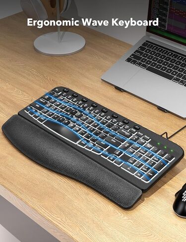 SABLUTE Ergonomic Keyboard, USB Wired with Cushioned Wrist & Palm Rest, 7-Color Backlit Adjustable Brightness for Windows, macOS, Desktop, Laptop & PC in Kuwait