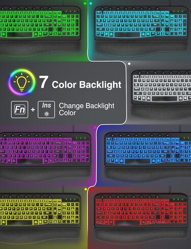 SABLUTE Ergonomic Keyboard, USB Wired with Cushioned Wrist & Palm Rest, 7-Color Backlit Adjustable Brightness for Windows, macOS, Desktop, Laptop & PC in Kuwait