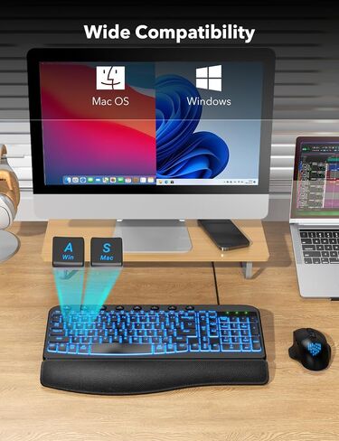 SABLUTE Ergonomic Keyboard, USB Wired with Cushioned Wrist & Palm Rest, 7-Color Backlit Adjustable Brightness for Windows, macOS, Desktop, Laptop & PC in Kuwait