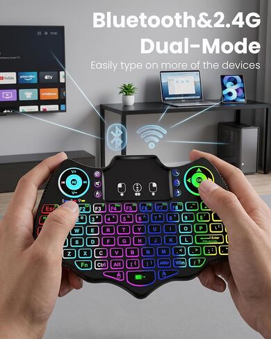 Mini Wireless Keyboard with Touchpad, Dual Mode Bluetooth 5.0 & 2.4GHz Backlit Handheld Keyboard, Ergonomic Remote Control for Smart TV, Android TV Box, HTPC, PC, Projector, PS4, RGB Lighting in Saudi Arabia