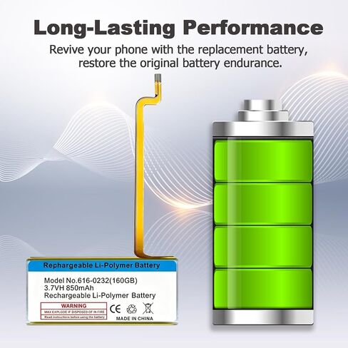 Upgraded Replacement Battery for 616-0232【850mAh】 Battery Compatible with iPod Classic 5th - 7th Generation Video A1136 A1238 6th 80GB 6.5th 120GB 7th 160GB 5th 30GB with Repair Tool Kit in Kuwait