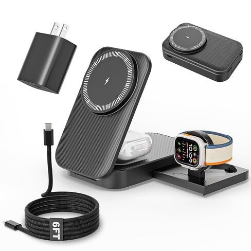 3 in 1 Magnetic Wireless Charger iPhone Charging Station,25W Mag-Safe Charger for iPhone with 35W USBC Fast Charging Block iPhone 6FT USBC-C Woven Cord for iPhone 17/16/15 Pro/Pro Max/14/13/12/AirPods in Kuwait