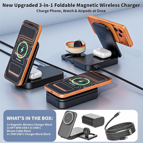 3 in 1 Magnetic Wireless Charger iPhone Charging Station,25W Mag-Safe Charger for iPhone with 35W USBC Fast Charging Block iPhone 6FT USBC-C Woven Cord for iPhone 17/16/15 Pro/Pro Max/14/13/12/AirPods in Kuwait