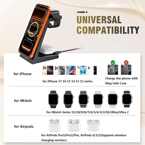 25W Magnetic Wireless Charging Stand for Mag-Safe, 3 in 1 Fast Wireless Charger Station for iPhone 17 Pro Max/17 Air/16 Pro/16 Plus/15/14/13/12 mini,Air Pods,Apple Watch in Kuwait