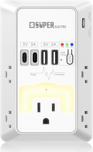 Multi Plug Outlet Surge Protector, USB Wall Charger with USB Timer,5 Outlet Extender with 4 USB Charging Ports (5V 5A),3-Sided 1200J Power Strip Multi Plug Adapter for Home Office,ETL Listed in Kuwait