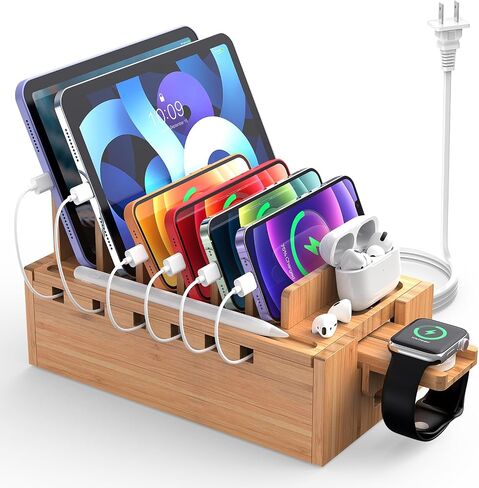 Pezin & Hulin Bamboo Charging Station with 5-Port USB & 5 Cables in Kuwait