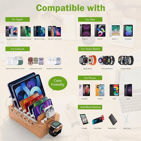 Pezin & Hulin Bamboo Charging Station with 5-Port USB & 5 Cables in Kuwait