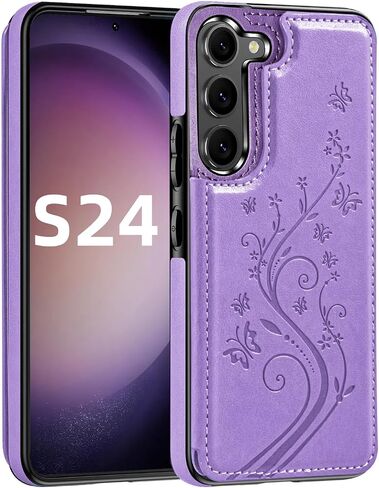 Korecase Wallet Phone Case Compatible with Samsung Galaxy S24 with Card Holder, Butterfly Flower PU Leather Back Flip Case Cover for Galaxy S24,Blue in Kuwait