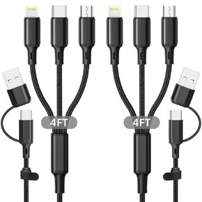 2Pack 6 in 1 4ft Multi Charger Cable, Nylon Braided USB A/C to Phone USB C Micro USB Lightning Connector, Charging Cord for iPhone/Samsung - Black in Kuwait