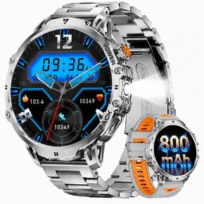 Military Smart Watches for Men, 1.85" Display, 800mAh Battery, Bluetooth Calling Support, IP68, 110+ Sports, Heart Rate/Sleep Monitor, Flashlight, for Android iOS with 2 Band - Black in Kuwait