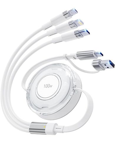 Multi Charging Cable, 100W 5-in-1 Retractable Charging Cable, USB C/Lightning/Micro Fast Charging Cables for Multiple Devices Compatible with iPhones, iPads, Tablets, Galaxy, Note - 4Ft/1.2M, White in Kuwait