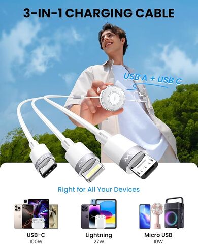 Multi Charging Cable, 100W 5-in-1 Retractable Charging Cable, USB C/Lightning/Micro Fast Charging Cables for Multiple Devices Compatible with iPhones, iPads, Tablets, Galaxy, Note - 4Ft/1.2M, White in Kuwait