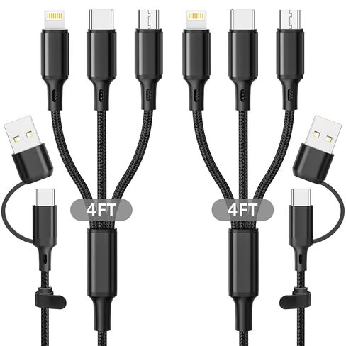 2Pack 6 in 1 4ft Multi Charger Cable, Nylon Braided USB A/C to Phone USB C Micro USB Lightning Connector, Charging Cord for iPhone/Samsung - Black in Kuwait