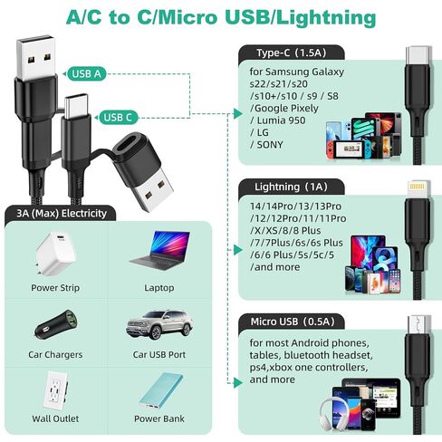 2Pack 6 in 1 4ft Multi Charger Cable, Nylon Braided USB A/C to Phone USB C Micro USB Lightning Connector, Charging Cord for iPhone/Samsung - Black in Kuwait