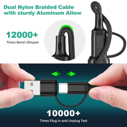 2Pack 6 in 1 4ft Multi Charger Cable, Nylon Braided USB A/C to Phone USB C Micro USB Lightning Connector, Charging Cord for iPhone/Samsung - Black in Kuwait