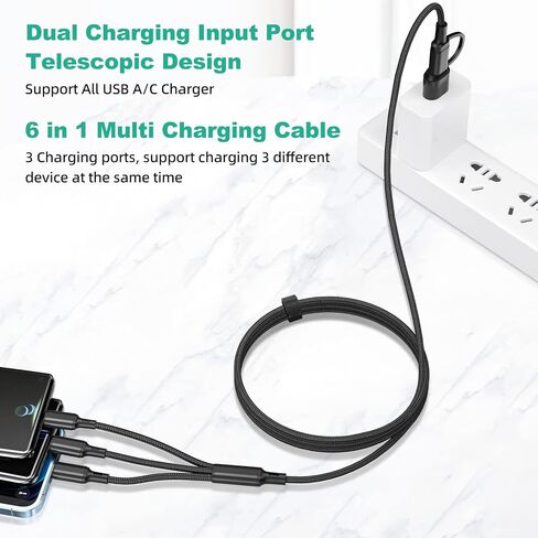 2Pack 6 in 1 4ft Multi Charger Cable, Nylon Braided USB A/C to Phone USB C Micro USB Lightning Connector, Charging Cord for iPhone/Samsung - Black in Kuwait