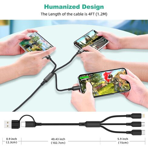 2Pack 6 in 1 4ft Multi Charger Cable, Nylon Braided USB A/C to Phone USB C Micro USB Lightning Connector, Charging Cord for iPhone/Samsung - Black in Kuwait