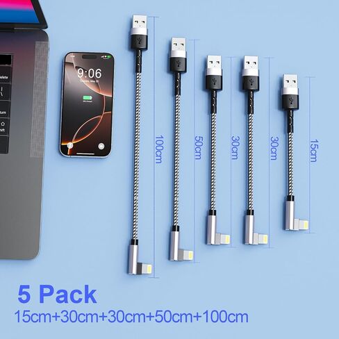 5Pack Right Angle Short iPhone Charger Cable 【15CM+30CM*2+50CM+1M】，90 Degree Apple USB A to Lightning Cable, Nylon Braided Sync Data Fast Charge Cord for iPhone 14 13 12 11 Pro Max Xs Xr 8 7 6 Plus SE in Kuwait