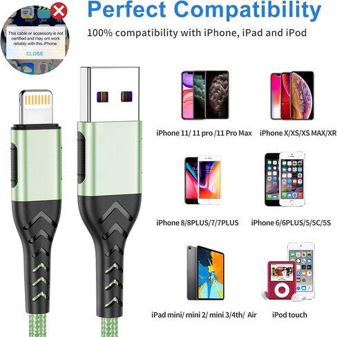 Durcord iPhone Charger, [MFi Certified] 3Pack 10FT USB A Cable for Long Lightning Charger Cable, Fast iPhone Charging Cord for iPhone Xs Max/XS/XR/X/8/7/6S/6/Plus/SE/iPad(Light Green) in Kuwait