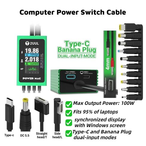 PW08 100W Digital Boot Cable Computer Power Switch Cable Diagnostic Charging Tool Real-Time Voltage Current Display,Type-C Banana Plug Dual-Input Modes for Laptop Computer Repair in Kuwait