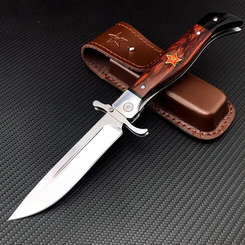 HUAAO Tactical Folding Knife, 4.4in Stainless Steel Mirror Blade, Rosewood Handle with Leather Sheath, EDC Knife with Safety Liner-Lock, Hand-blocking Design in Saudi Arabia