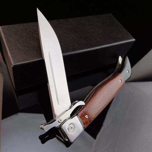 HUAAO Tactical Folding Knife, 4.4in Stainless Steel Mirror Blade, Rosewood Handle with Leather Sheath, EDC Knife with Safety Liner-Lock, Hand-blocking Design in Saudi Arabia
