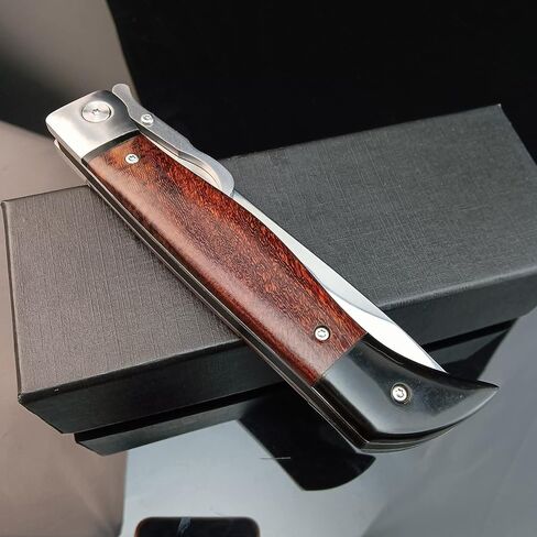 HUAAO Tactical Folding Knife, 4.4in Stainless Steel Mirror Blade, Rosewood Handle with Leather Sheath, EDC Knife with Safety Liner-Lock, Hand-blocking Design in Saudi Arabia