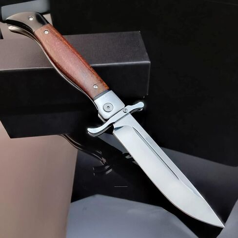 HUAAO Tactical Folding Knife, 4.4in Stainless Steel Mirror Blade, Rosewood Handle with Leather Sheath, EDC Knife with Safety Liner-Lock, Hand-blocking Design in Saudi Arabia