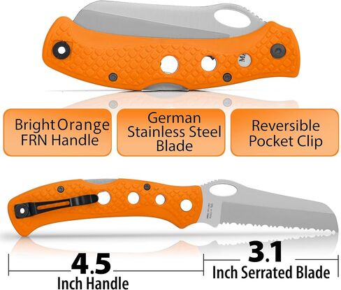 Maxam 5" Rescue Knife - Rust-Proof German Stainless Steel Serrated Blade with High-Visibility Orange Handle, Reversible Pocket Clip, Lanyard Hole in Saudi Arabia
