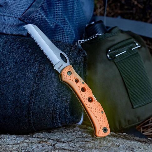 Maxam 5" Rescue Knife - Rust-Proof German Stainless Steel Serrated Blade with High-Visibility Orange Handle, Reversible Pocket Clip, Lanyard Hole in Saudi Arabia