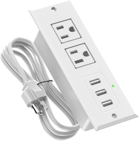 قطاع طاقة مجوف، محطة شحن مثبتة على السطح مع منافذ USB، واقي من زيادة التيار مع سلك تمديد لطاولة الأثاث المكتبي والسرير (منافذ White-2AC + 3USB-A) in Kuwait