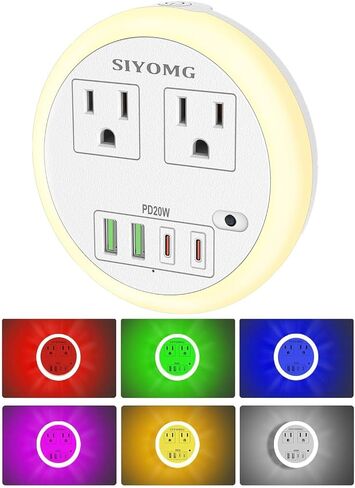 LED Night Lights Plug into Wall, Plug in Night Light with 4 USB Ports and 2 Outlets, Smart Dusk to Dawn Sensor 6-Color Adjustable, Night Light for Bathroom Bedroom Hallway in Kuwait