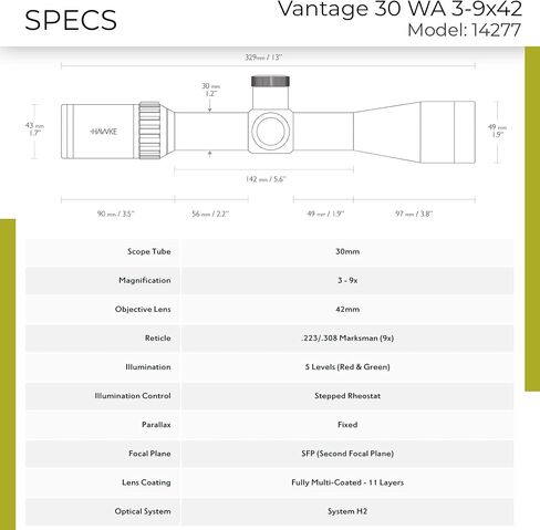 Hawke Vantage 30 WA Riflescope | Illuminated .223/.308 Marksman Reticle, 30mm Tube, Wide-Angle Optics, Fully Multi-Coated Lenses, Waterproof Shockproof Fogproof Hunting Scope in Kuwait