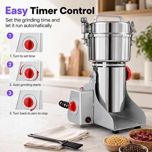 Multi-Purpose Dry Ingredient Grinding Machine, Timed Electric Grain Grinder Stainless Steel Herb Mill for Coffee, Spices, Cereals, Herbs Home Commercial Use in Kuwait
