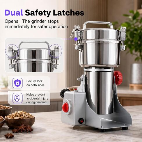 Multi-Purpose Dry Ingredient Grinding Machine, Timed Electric Grain Grinder Stainless Steel Herb Mill for Coffee, Spices, Cereals, Herbs Home Commercial Use in Kuwait