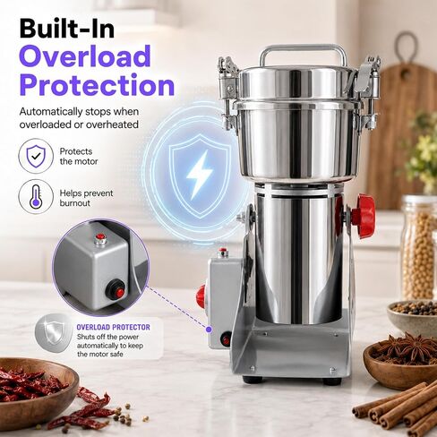Multi-Purpose Dry Ingredient Grinding Machine, Timed Electric Grain Grinder Stainless Steel Herb Mill for Coffee, Spices, Cereals, Herbs Home Commercial Use in Kuwait